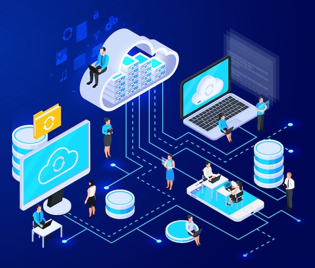 Free vector cloud services isometric composition with big of cloud computing infrastructure elements connected with dashed lines vector illustration