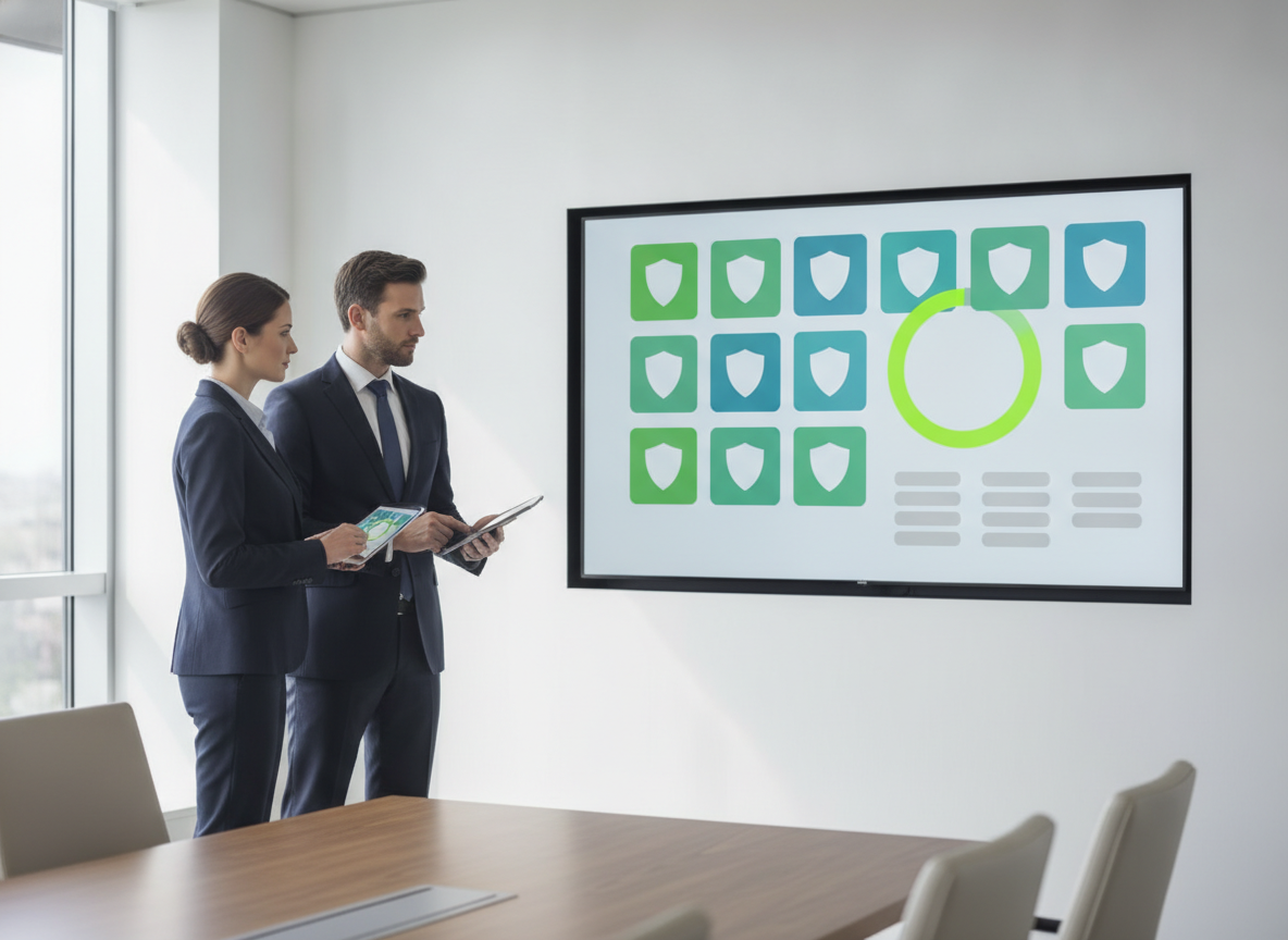 Professional team reviewing an AI governance and compliance dashboard in a conference room