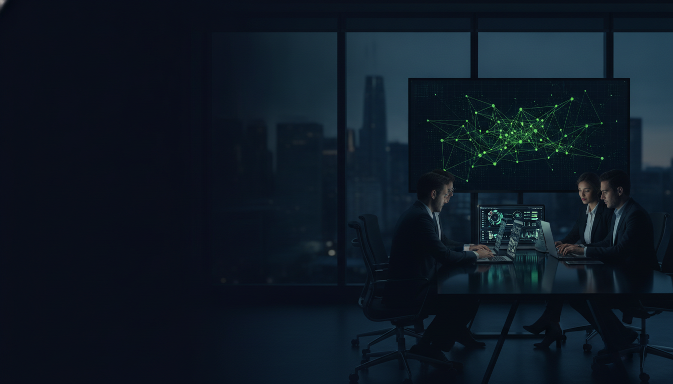 AI engineering team reviewing a neural network visualization in a US tech office at dusk