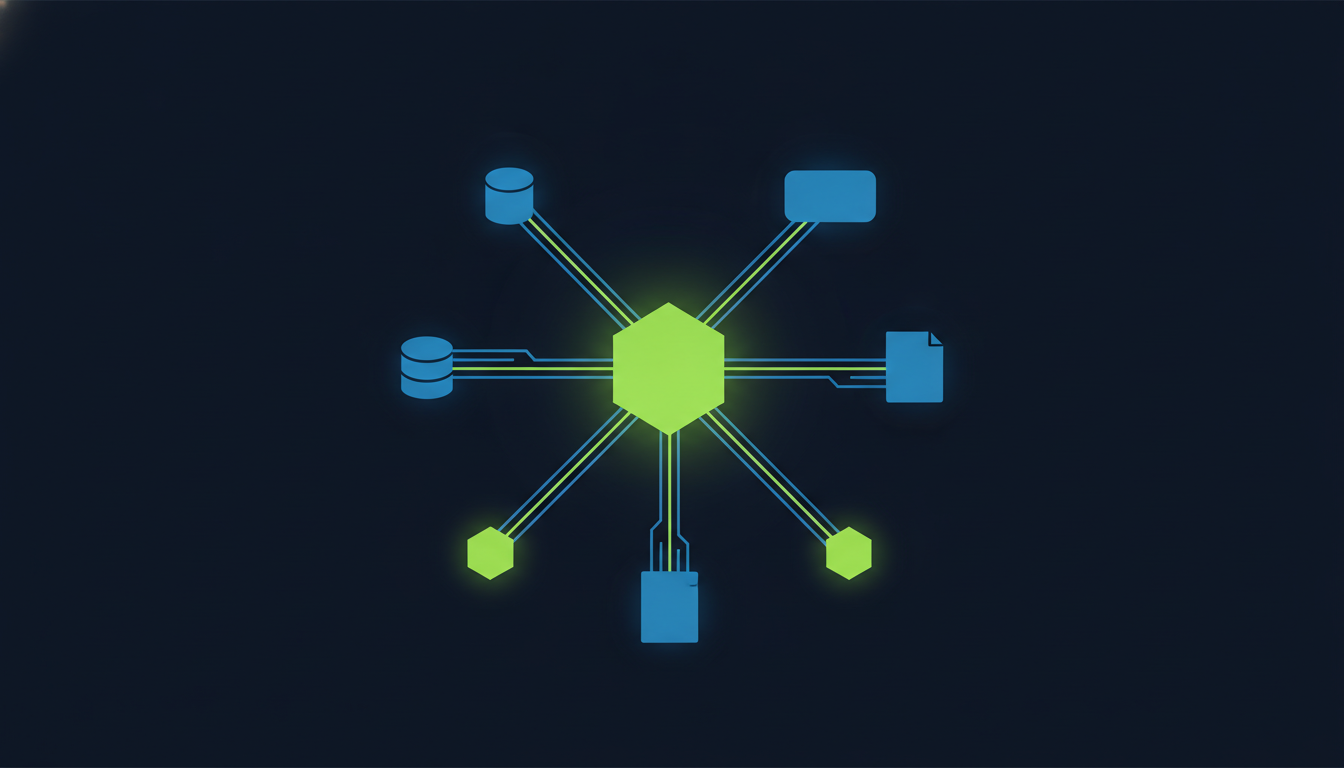Abstract illustration of a central glowing hexagon connected by orderly lines to databases, applications, documents and two smaller hexagons, representing an AI agent connected to tools and other agents through a standard protocol