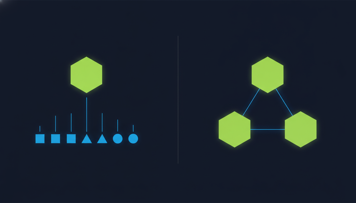 Abstract illustration with two halves: on the left one hexagon connected downward to a row of small shapes, representing an agent using tools; on the right three equal hexagons connected to each other in a triangle, representing agents collaborating as peers