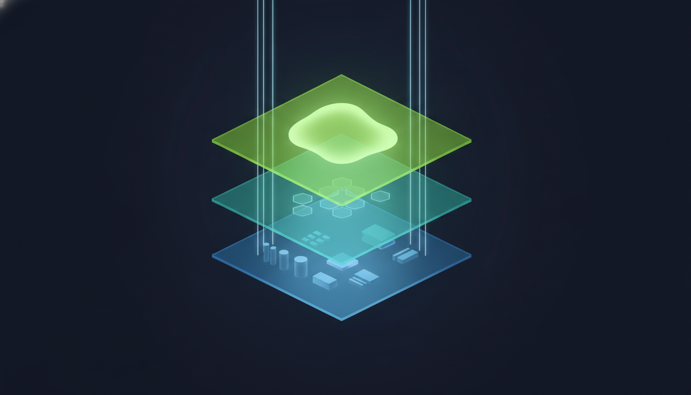 Isometric illustration of three stacked translucent layers: data and systems at the bottom, a layer of agent hexagons in the middle, and a single user-facing application on top, with thin vertical lines passing through all three