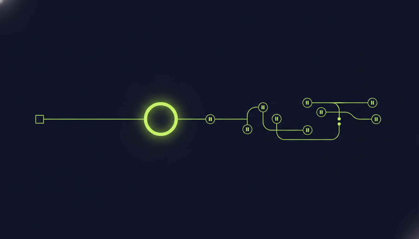 Abstract diagram showing a short single-step automation path compared to a longer multi-step autonomous path with several human-review checkpoints
