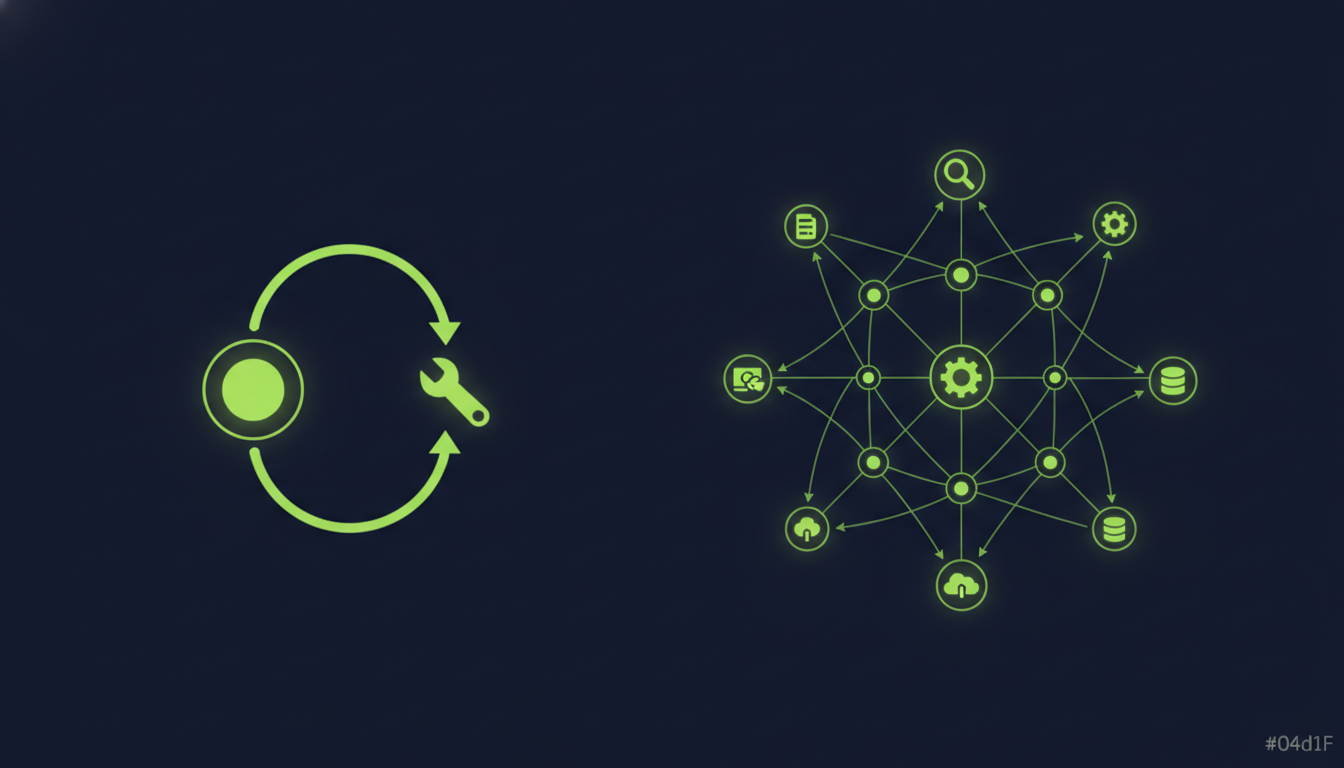 Abstract illustration contrasting a single AI agent using one tool with an interconnected agentic AI system coordinating multiple tools