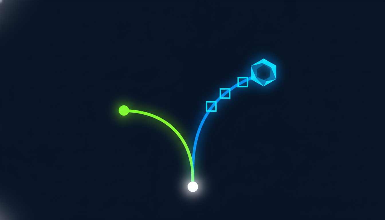 Abstract illustration of two diverging glowing paths, one short and bright green leading to a small circle, the other longer and blue leading through connected checkpoints to a structured hexagon