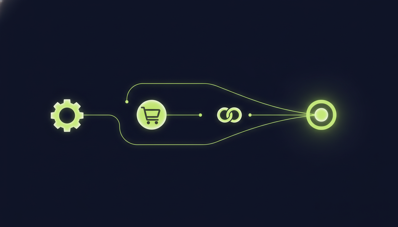 Abstract illustration of three paths converging toward a single decision point, representing the choice between building, buying, and outsourcing software