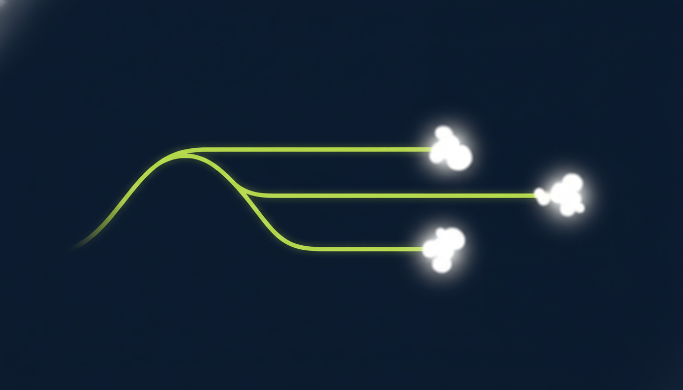 Abstract illustration of a single path branching into three distinct glowing outcomes