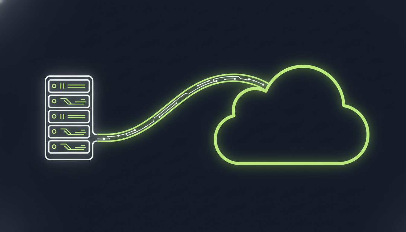 Abstract illustration of a server rack connected by a glowing line to a cloud shape, representing systems moving to cloud infrastructure