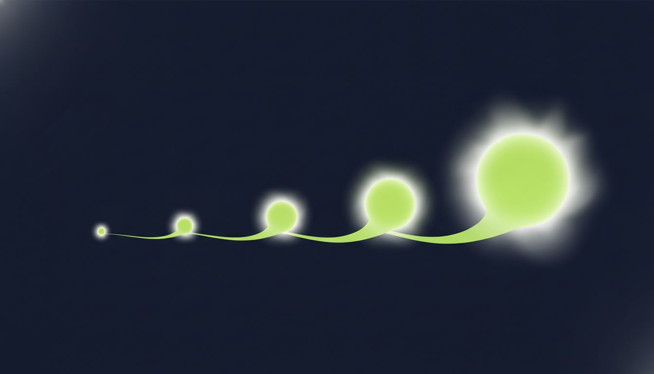 Abstract illustration of five glowing nodes connected along a curved path, each larger than the last, representing progressive project phases