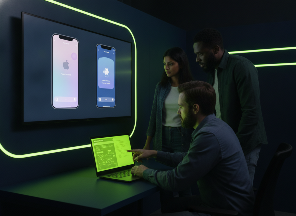 A mobile engineering team reviewing an AI code-assistant suggestion next to iOS and Android app screens on a large display
