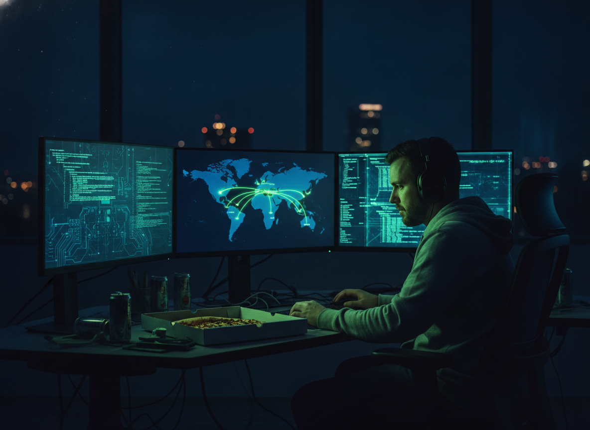 An engineer's multi-monitor setup showing a world map with connected delivery locations