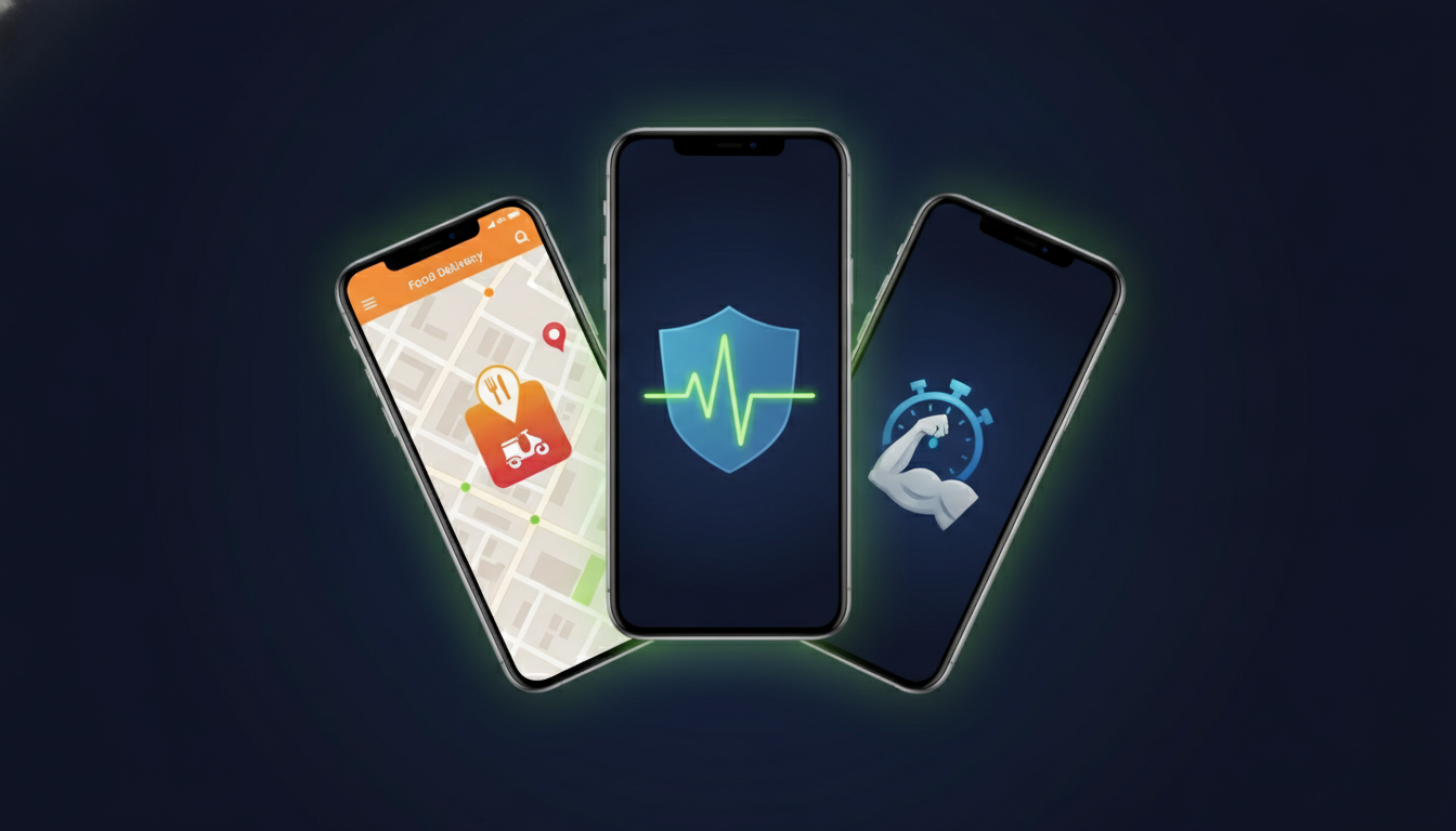 Three smartphones fanned out showing food delivery, healthcare, and fitness app interfaces