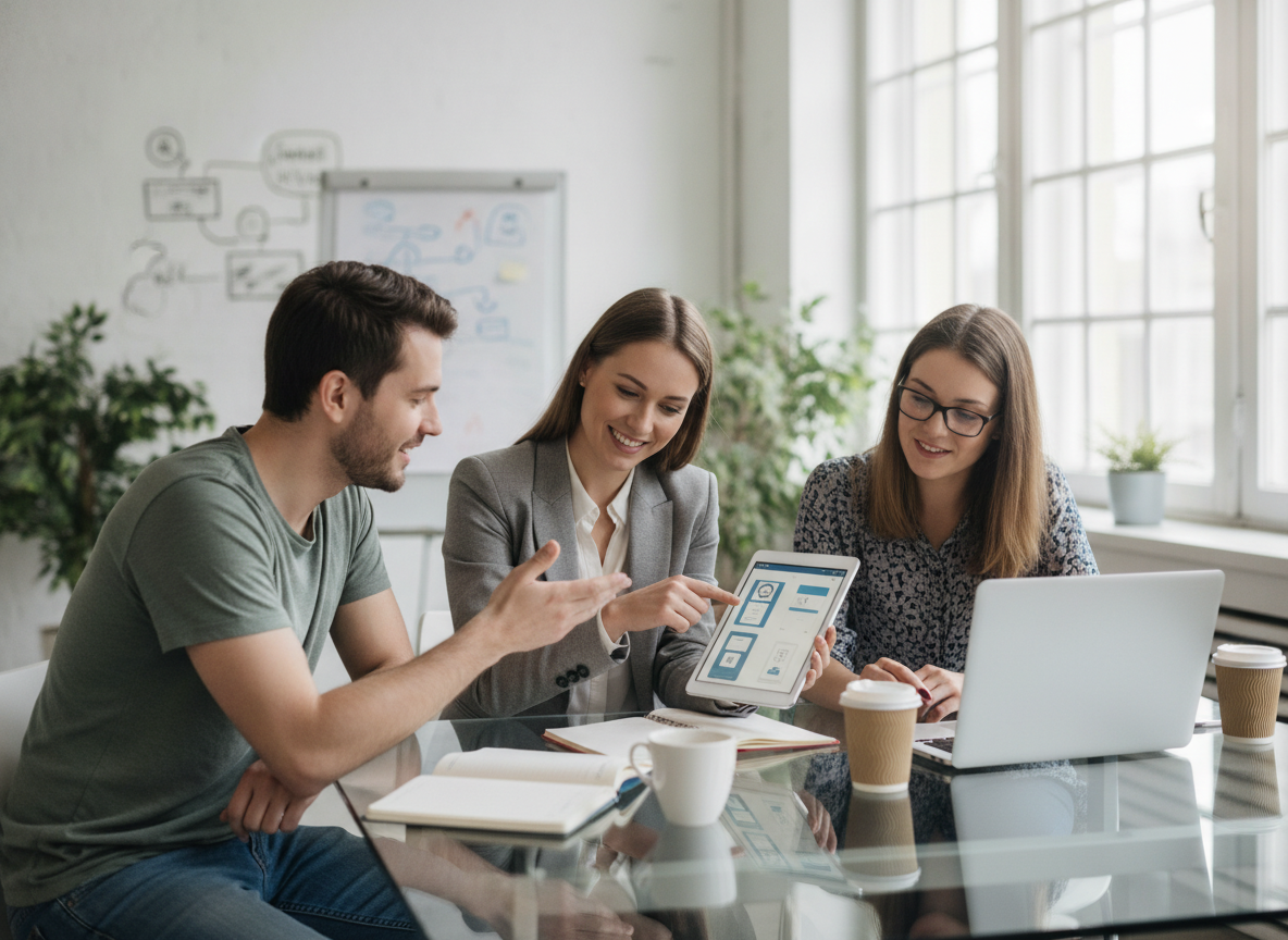 A cross-functional mobile app team reviewing a prototype together