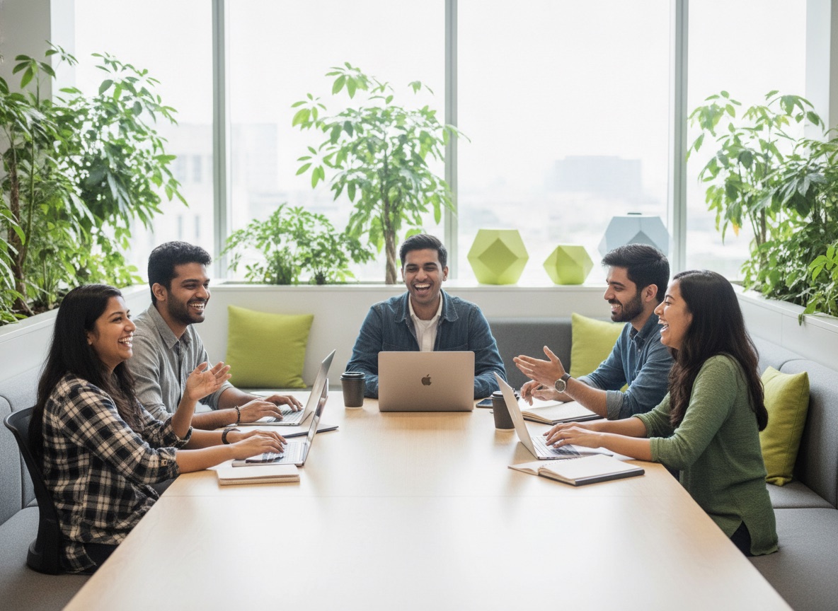 Trainees and engineers collaborating casually in the Apptechies office culture