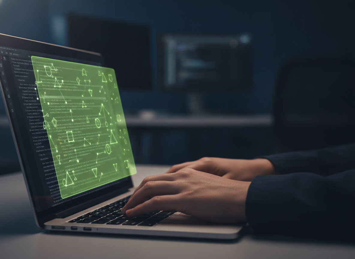 A developer's hands typing on a laptop with an AI-assisted code editor overlay