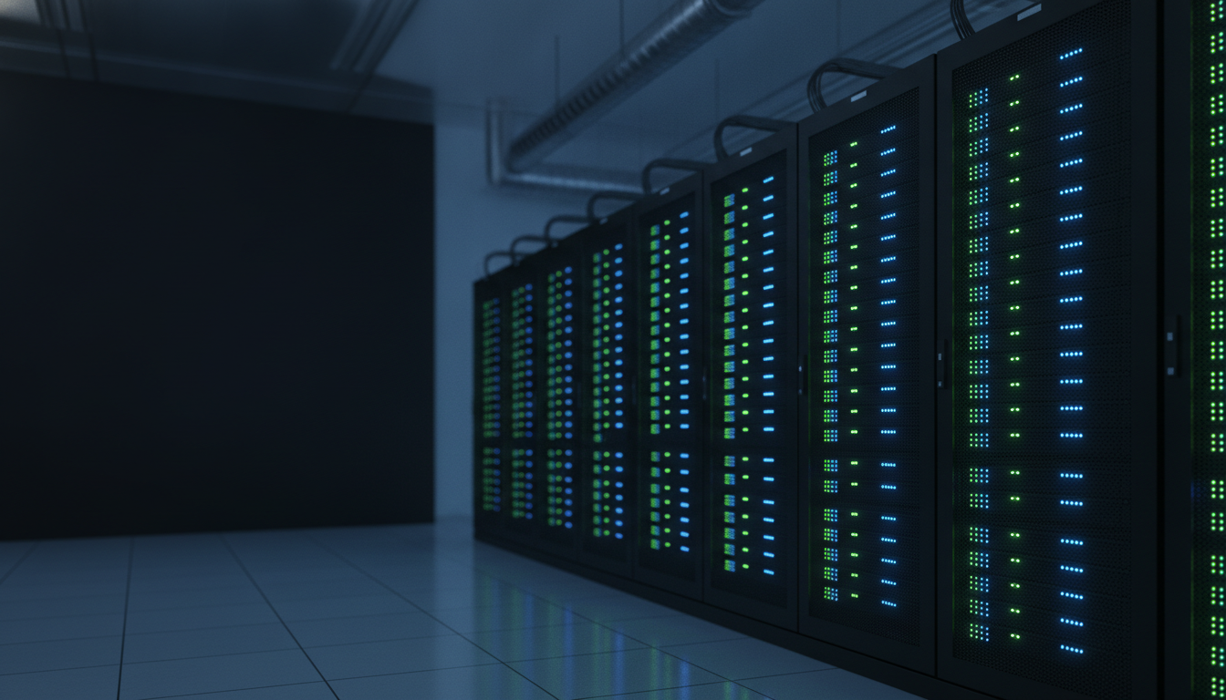 A modern data center server room with status lights along the racks