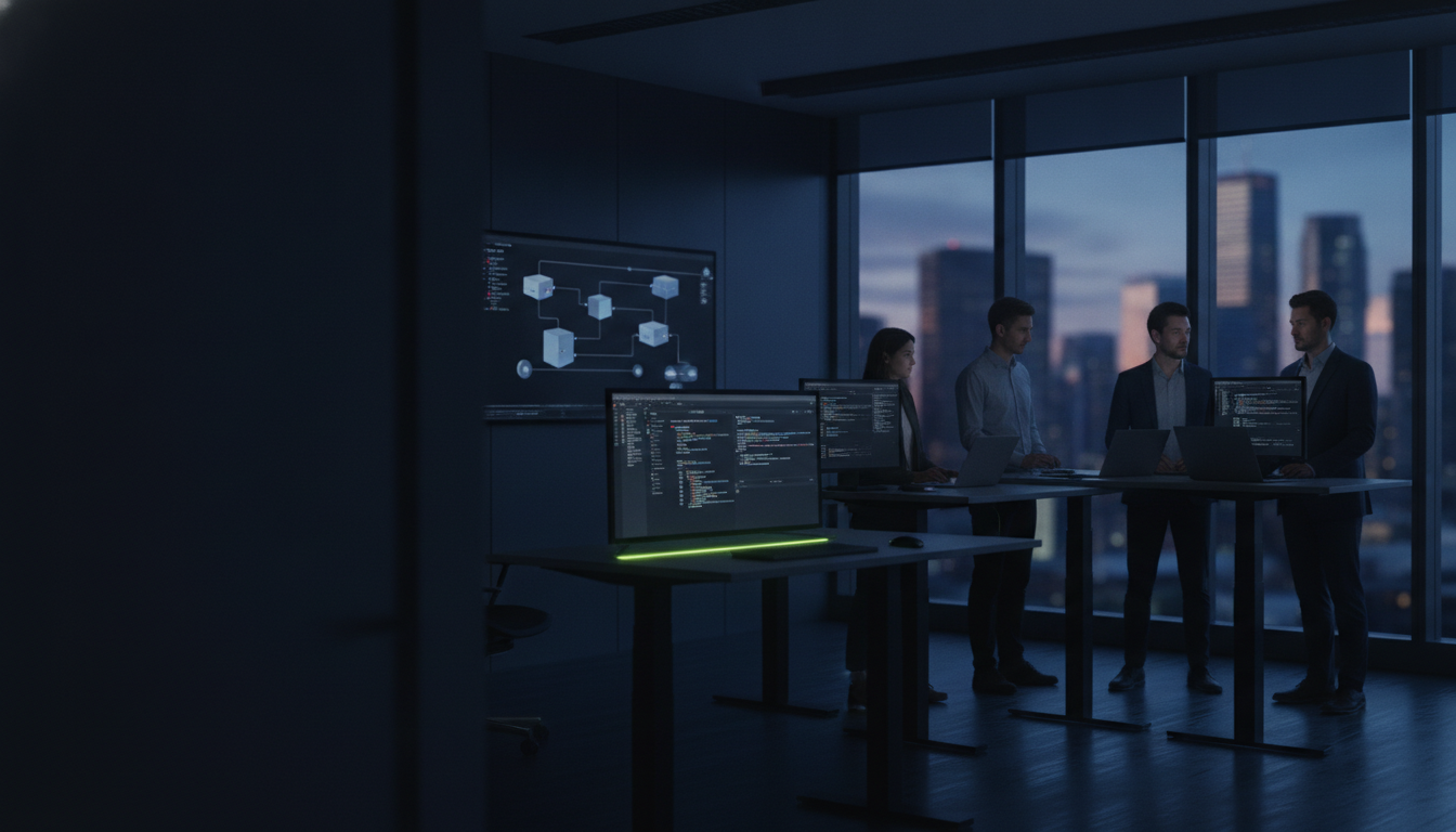 Software engineers reviewing a system architecture diagram in a US tech office at dusk