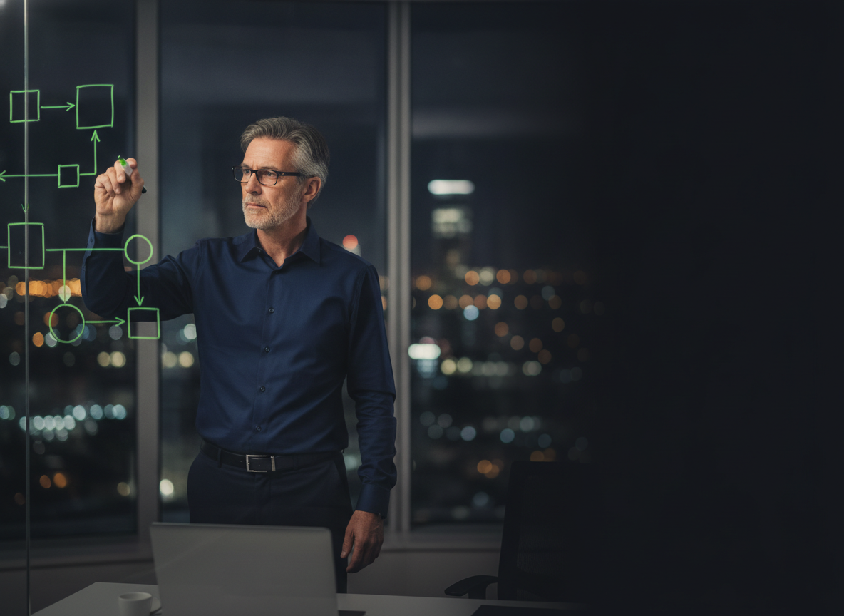 A software architect sketching a system architecture diagram on a glass whiteboard