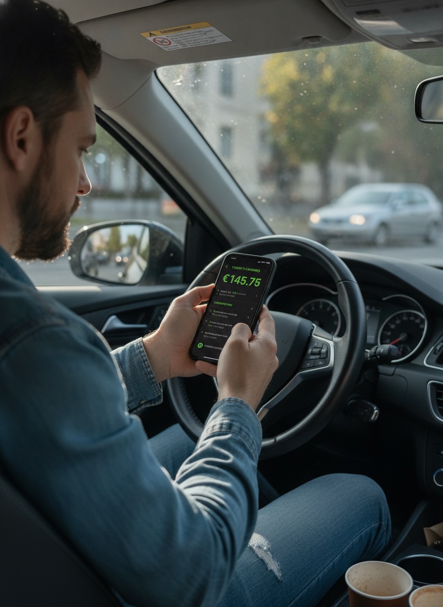 A driver-partner earnings and dispatch dashboard on a smartphone, showing today's trip earnings and payout status