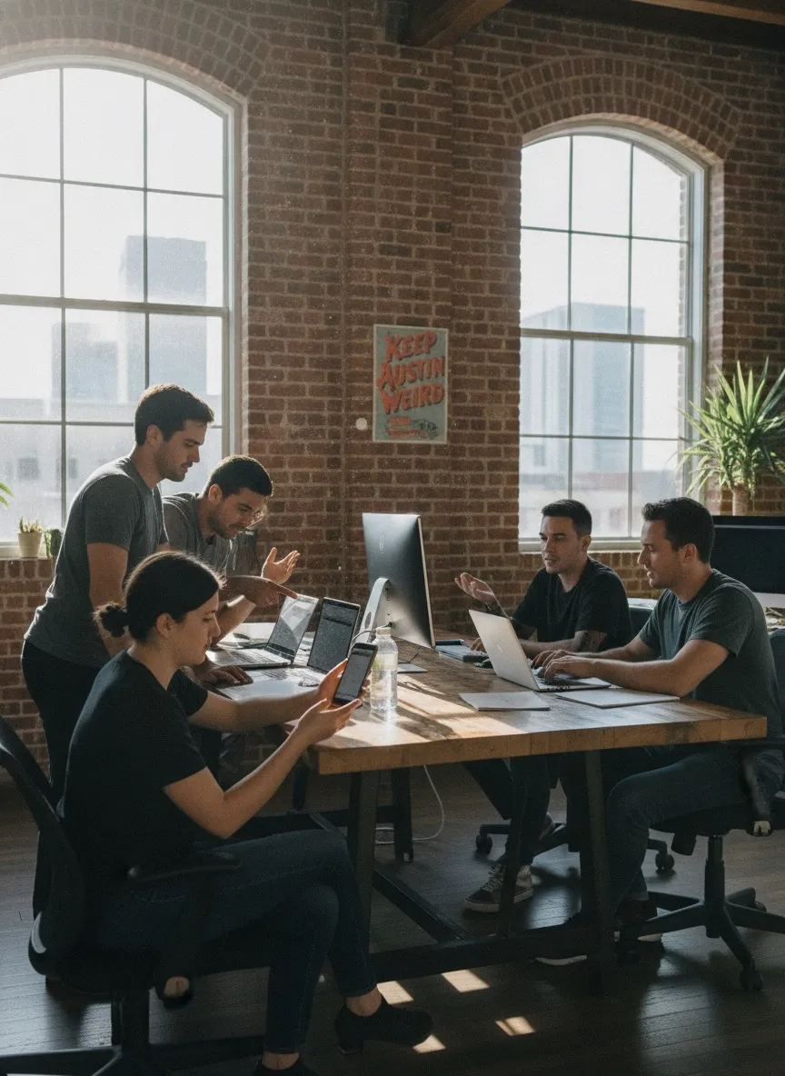 Mobile app developers working together in a modern Austin, Texas office