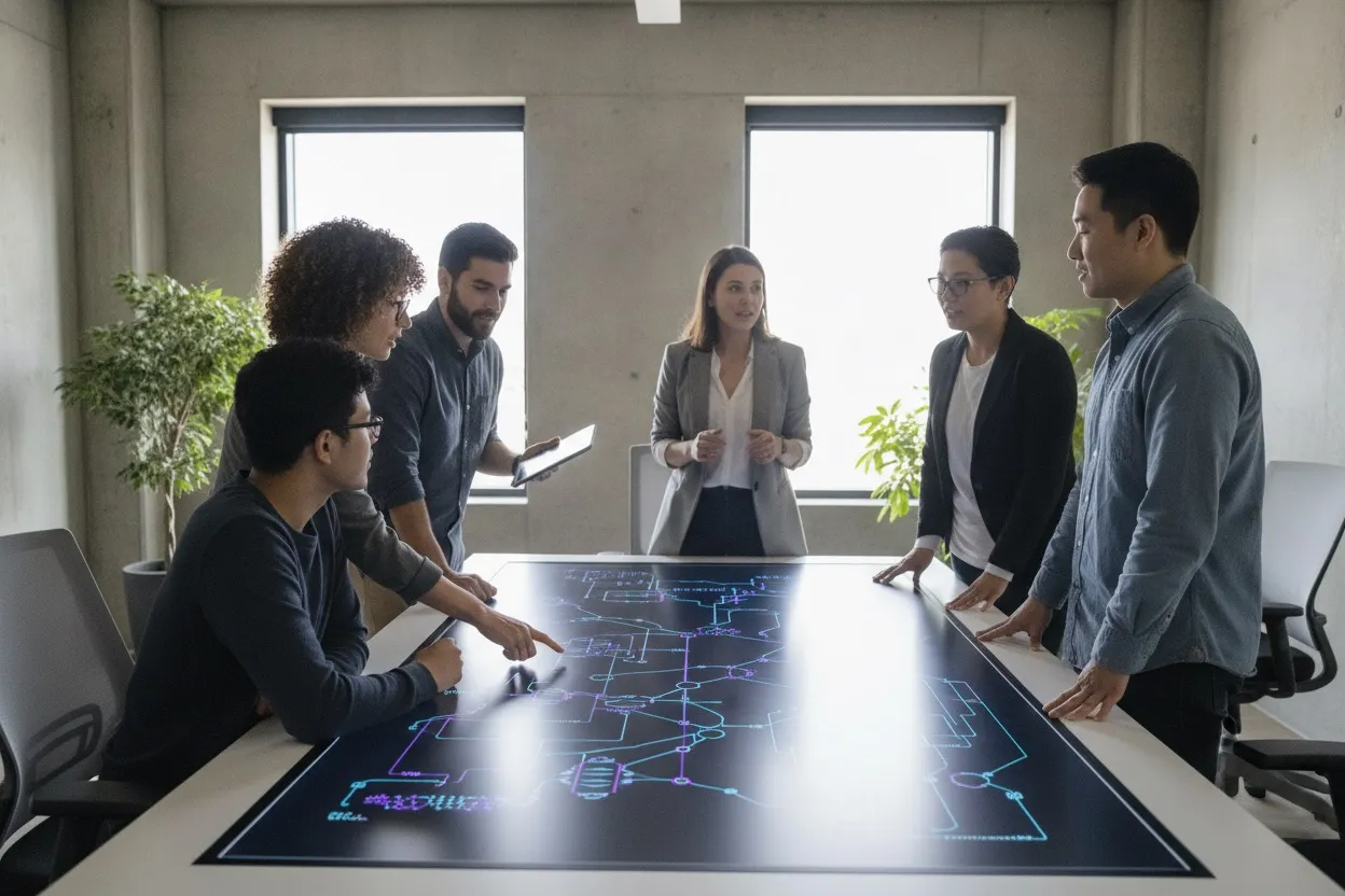 AI engineering team collaborating on neural network architecture in a conference room