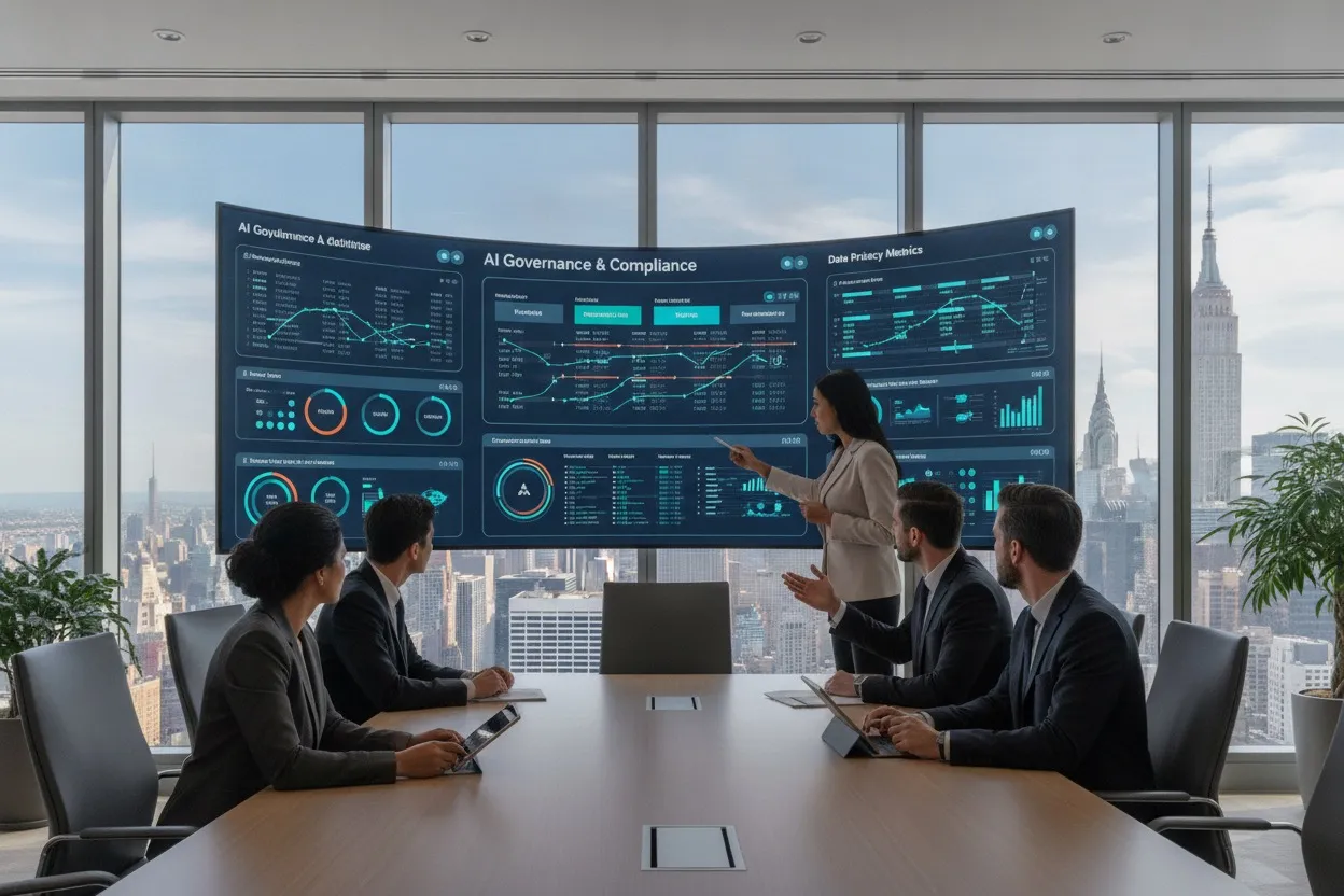 Professional team reviewing AI governance and compliance dashboards in a conference room