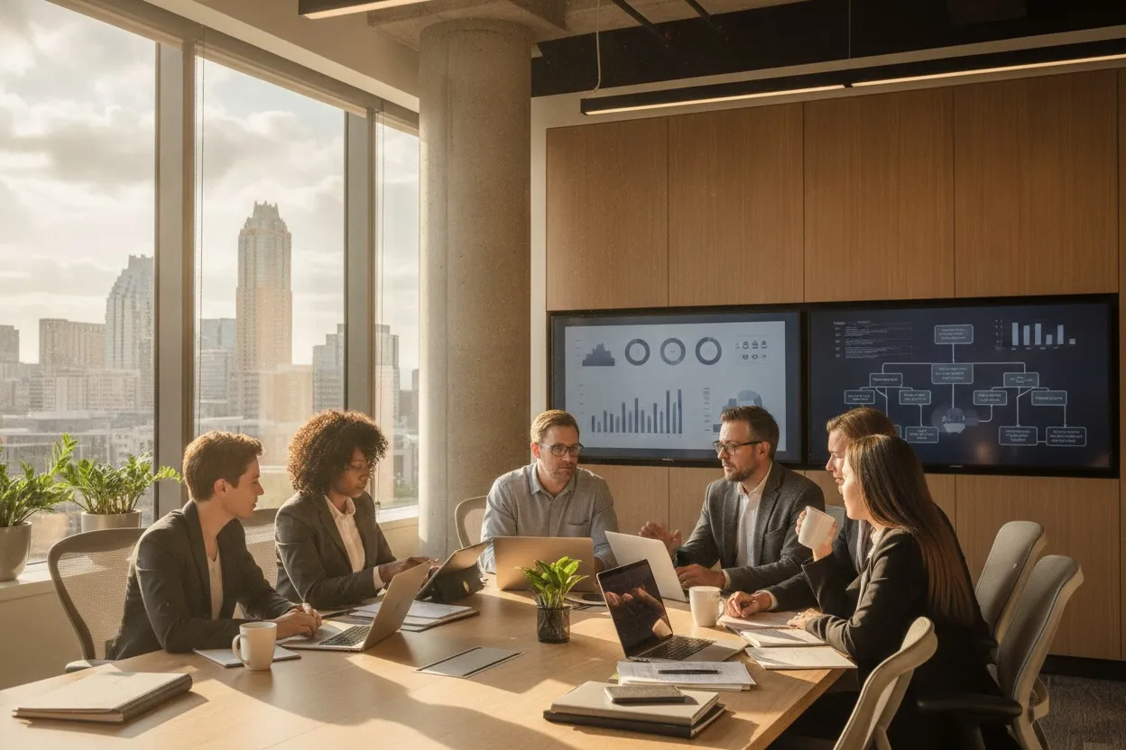 Business team reviewing data privacy and access requirements