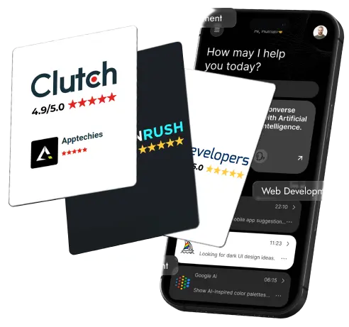 Mobile app screen with Clutch, DesignerRush, TopDevelopers ratings